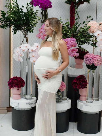 Sheer Mesh Ruched Bandeau Off Shoulder Long Sleeve Mermaid Elegant Cocktail Party Gown Maternity Photoshoot Baby Shower Maxi Dress Maternity